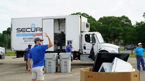 Mobile shredding truck providing on-site paper shredding and secure document destruction services for businesses