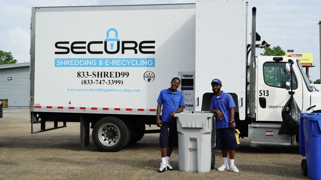 Mobile shredding truck providing secure onsite document destruction for a business.